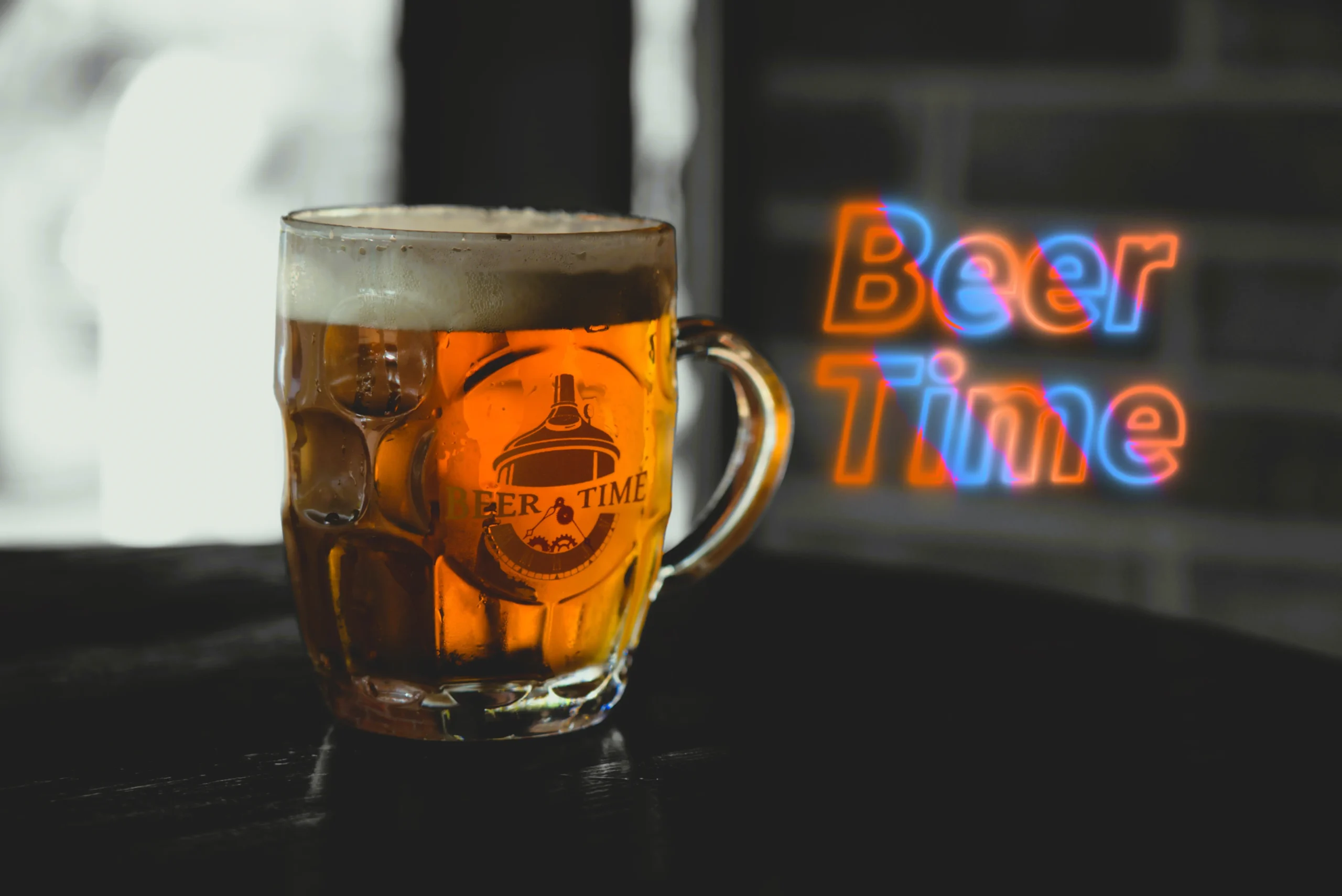 Beer mug with Beer Time logo in a cozy bar in Rishon LeZion